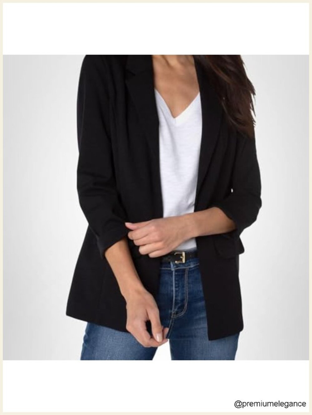 Black Boyfriend Blazer with Notched Lapel and Flap Pockets - Open Front